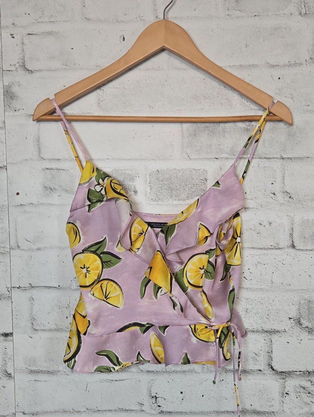 Zara Lemon Print Ruffle Crop Top Pink Yellow Size Small